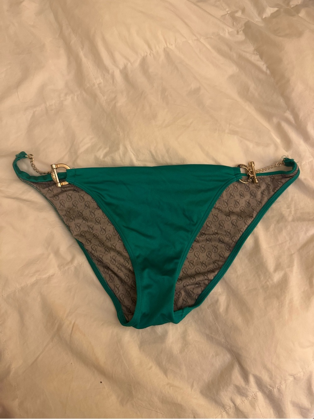 Women’s Emerald Green Bikini Bottom with Gold Chain Accents